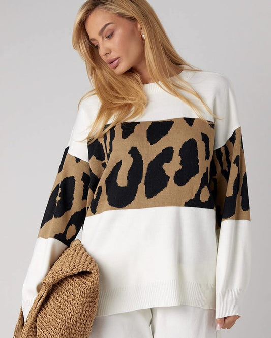 Oversized Leopard Print Sweater - White
