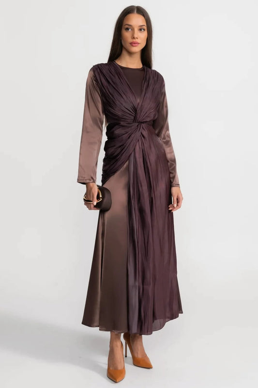 Long Sleeve Draped Maxi Dress - Brown