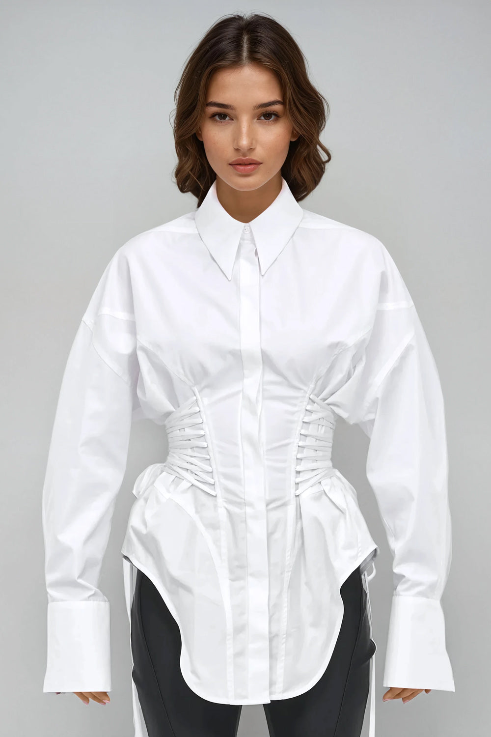 Long Sleeve Button-Up Blouse with Corset-Style Cinched Waist - White