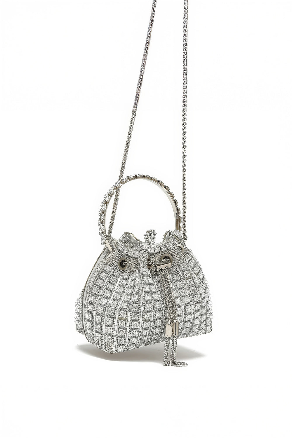 Top Handle Drawstring Mini Bag with Crystal Mesh and Chain Strap