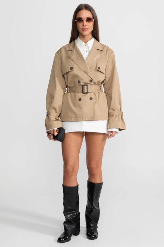 Short Double-Breasted Trench Coat with Belt Detail - Khaki