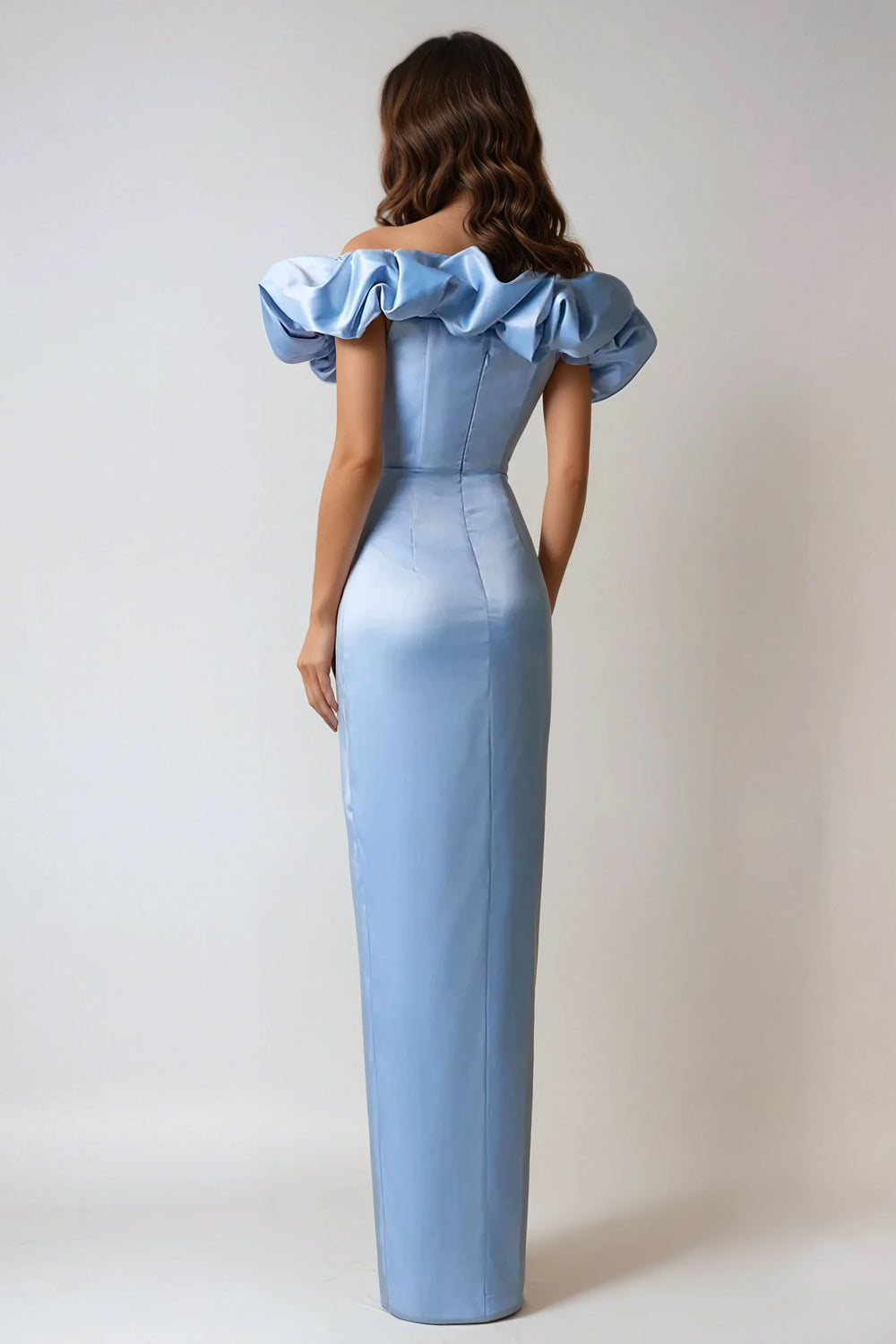 Off-Shoulder Dress with Ruffled Sleeves and Front Slit - Blue