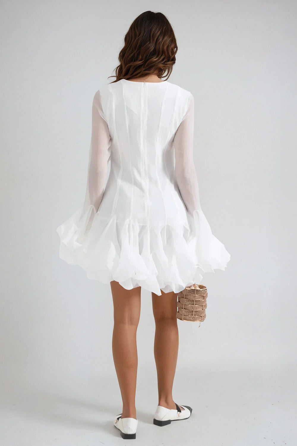Long Sleeve Mini Dress with Sheer Sleeves and Ruffled Hem - White