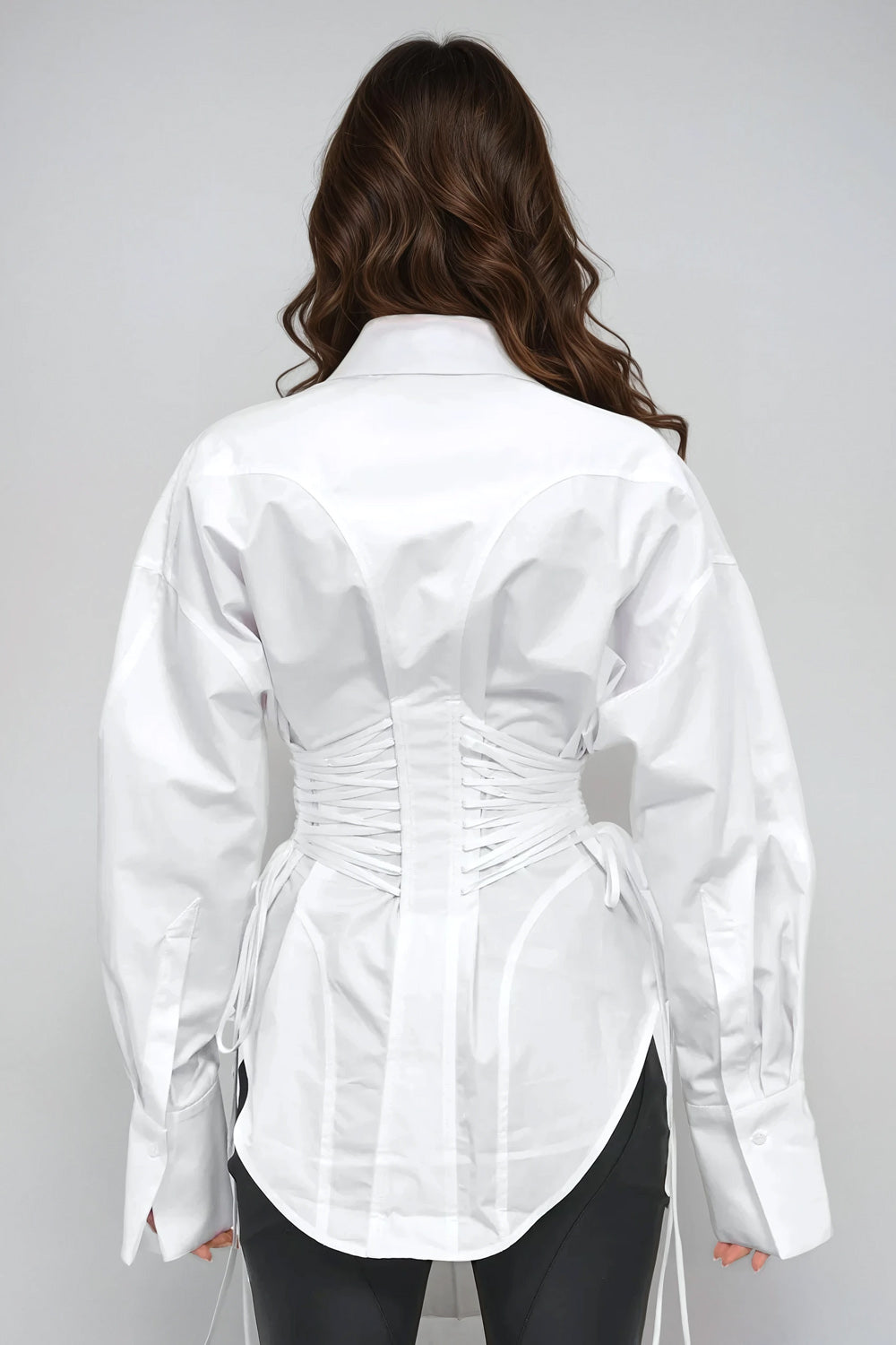 Long Sleeve Button-Up Blouse with Corset-Style Cinched Waist - White