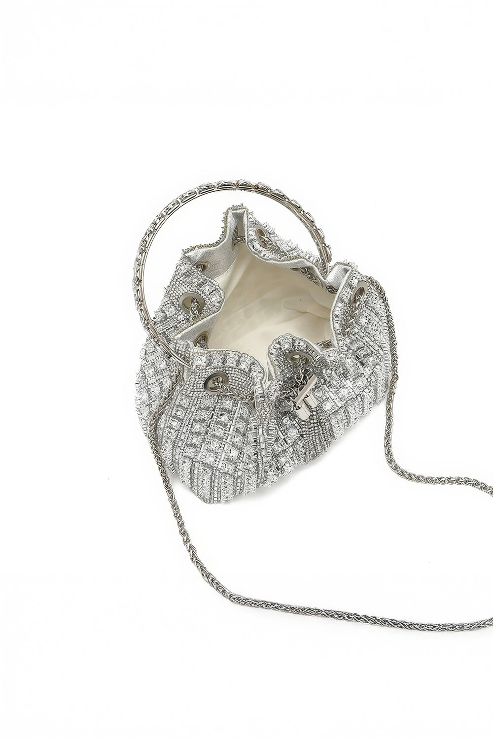 Top Handle Drawstring Mini Bag with Crystal Mesh and Chain Strap