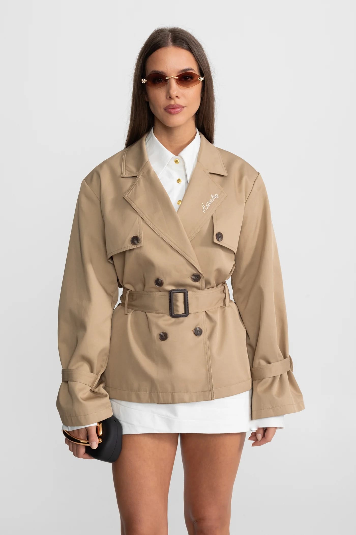 Short Double-Breasted Trench Coat with Belt Detail - Khaki