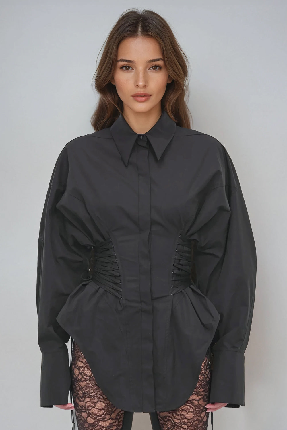 Long Sleeve Button-Up Blouse with Corset-Style Cinched Waist - Black
