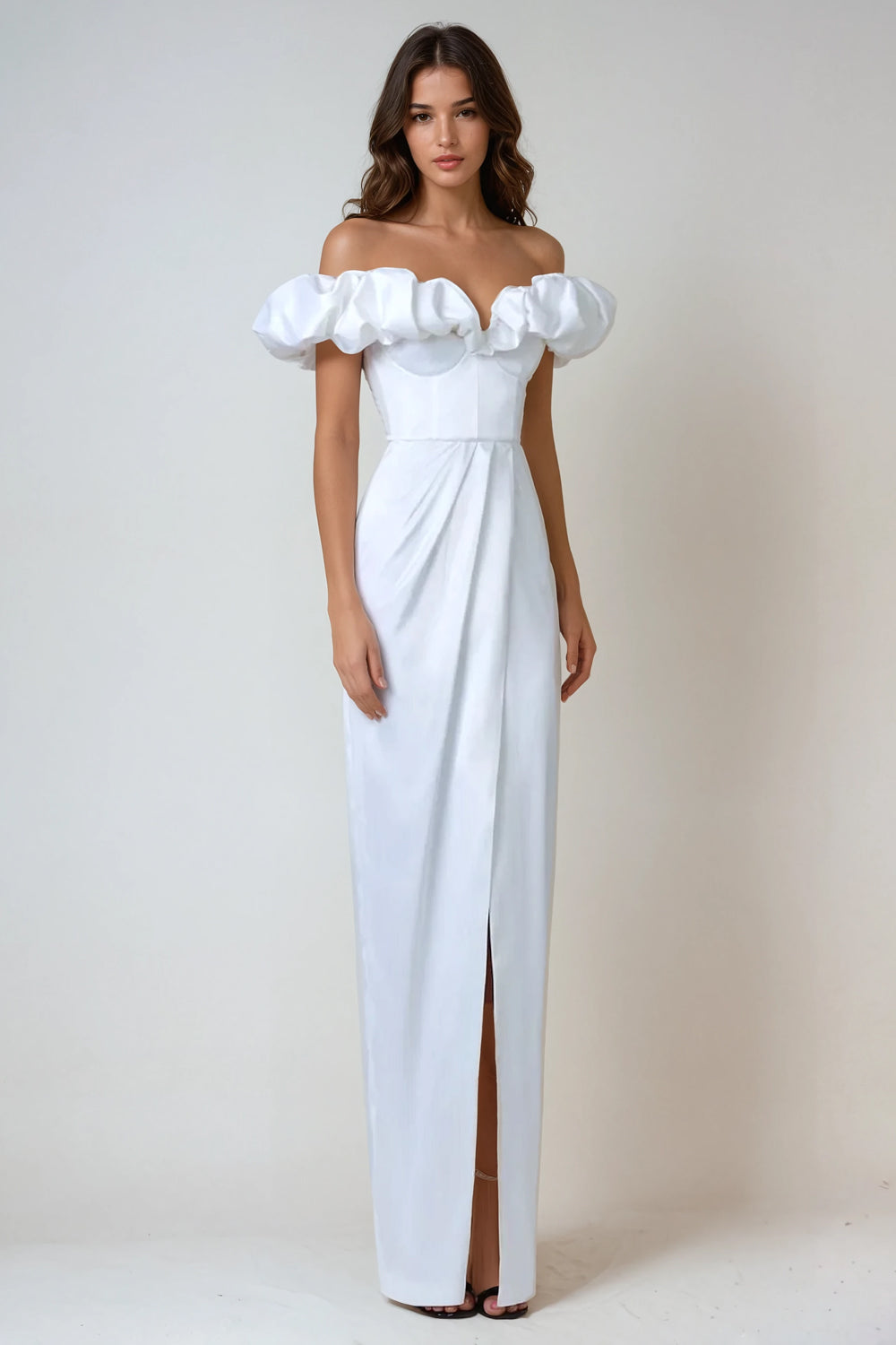 Off-Shoulder Dress with Ruffled Sleeves and Front Slit - White