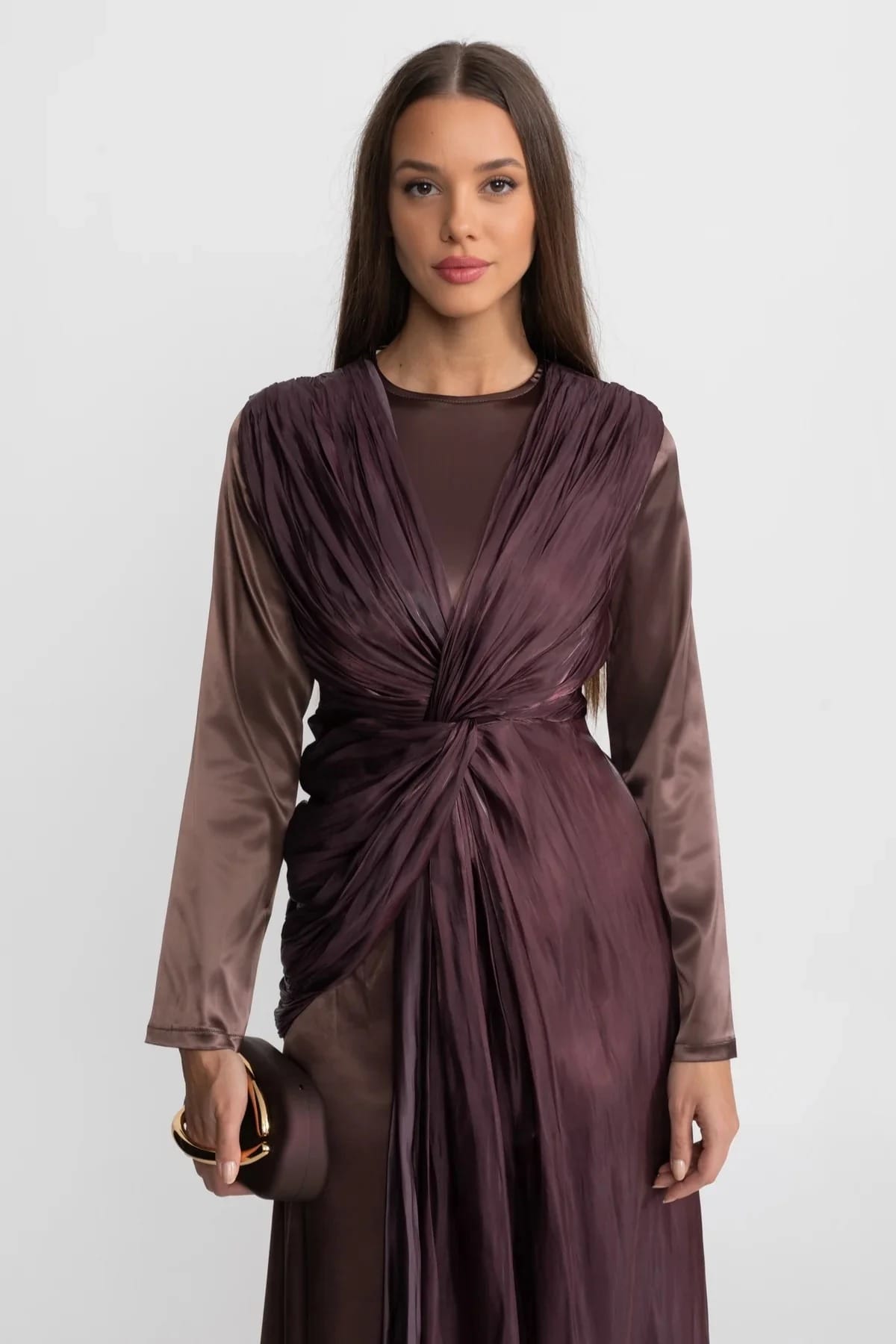 Long Sleeve Draped Maxi Dress - Brown
