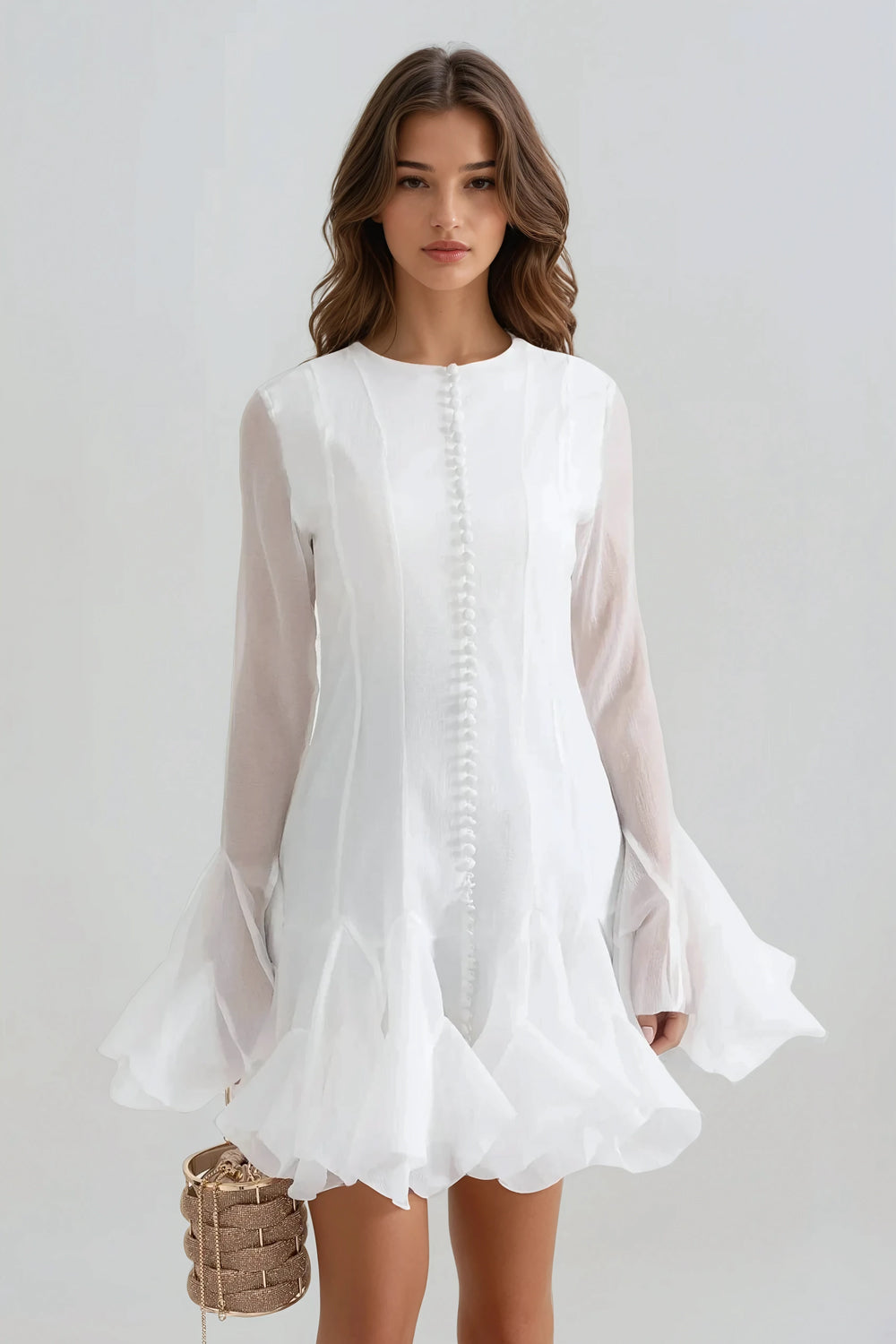 Long Sleeve Mini Dress with Sheer Sleeves and Ruffled Hem - White