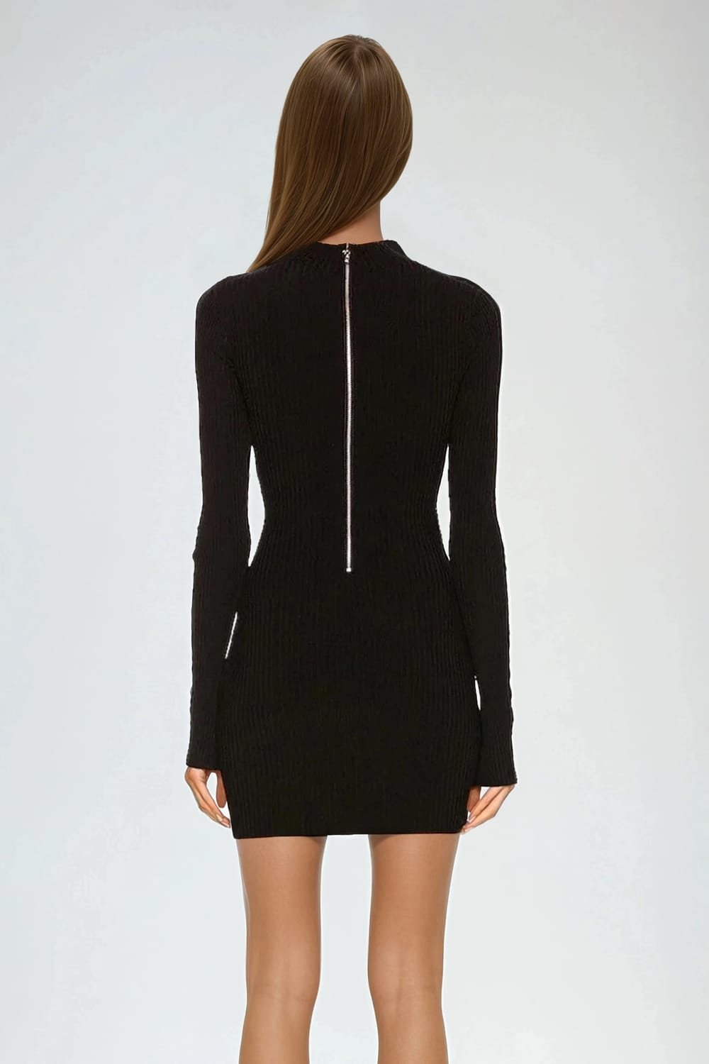 Knitted Sheer Cut-Out Long Sleeve Mini Dress - Black