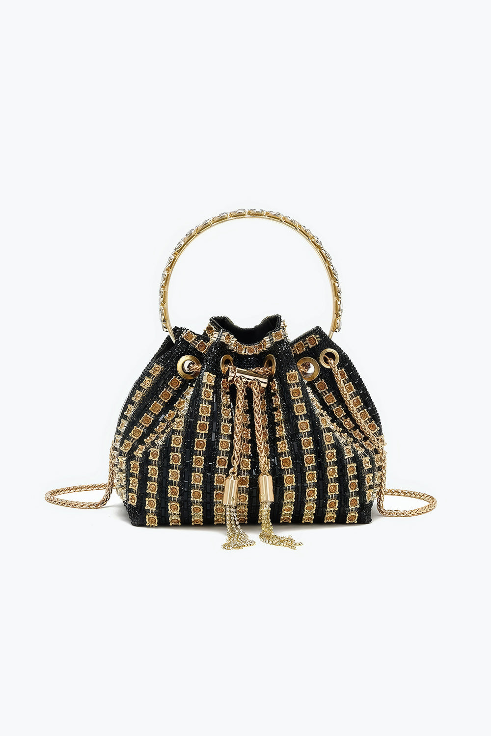 Top Handle Drawstring Mini Bag with Crystal Mesh and Chain Strap