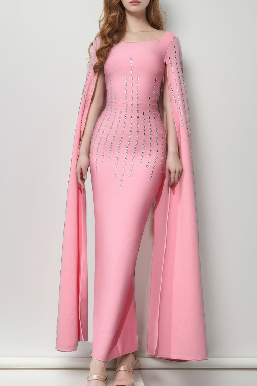 Diamond-Embellished Cape Sleeve Maxi Dress