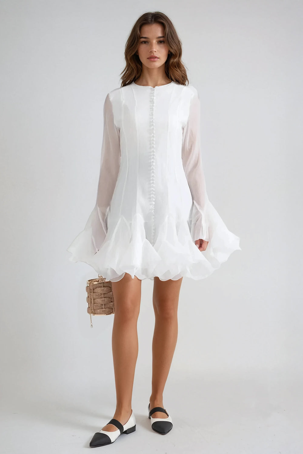 Long Sleeve Mini Dress with Sheer Sleeves and Ruffled Hem - White