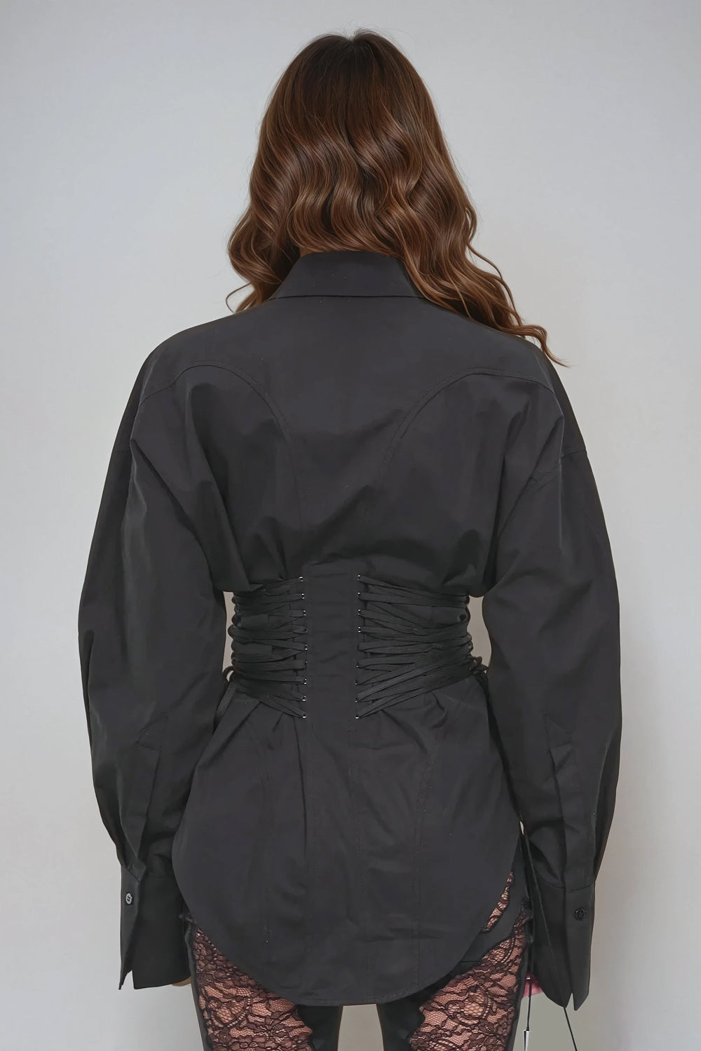 Long Sleeve Button-Up Blouse with Corset-Style Cinched Waist - Black