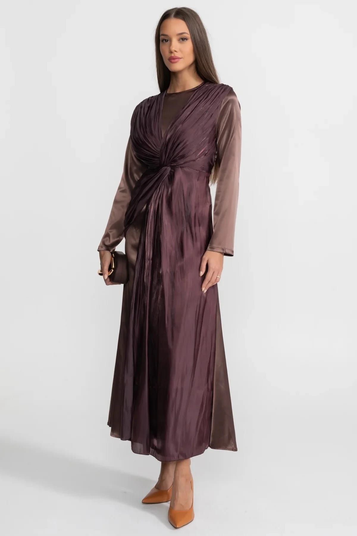 Long Sleeve Draped Maxi Dress - Brown