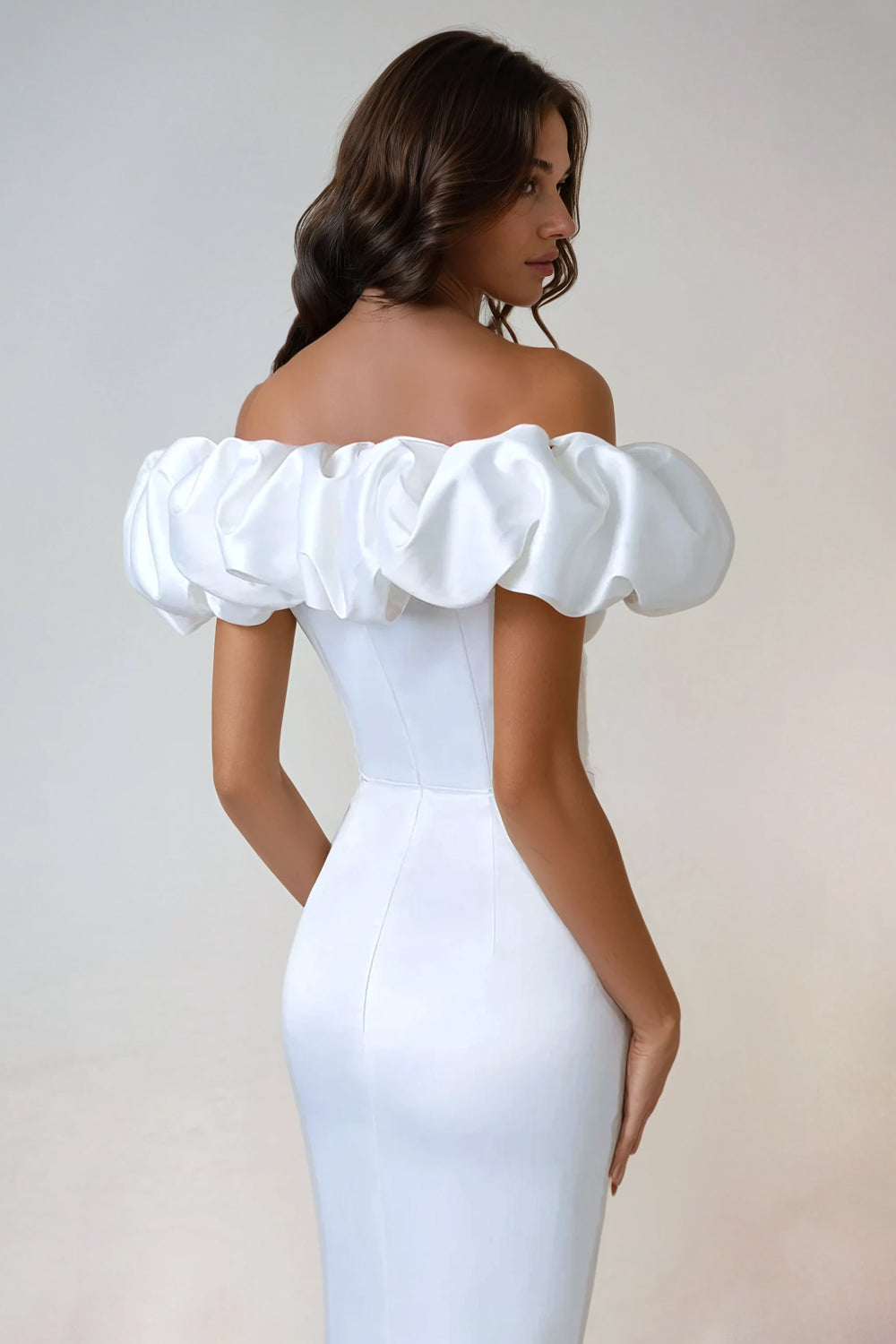 Off-Shoulder Dress with Ruffled Sleeves and Front Slit - White