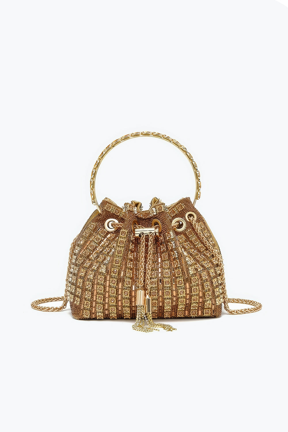 Top Handle Drawstring Mini Bag with Crystal Mesh and Chain Strap