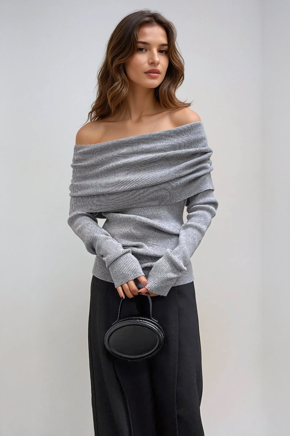 Off-Shoulder Ribbed Knit Top - Gray