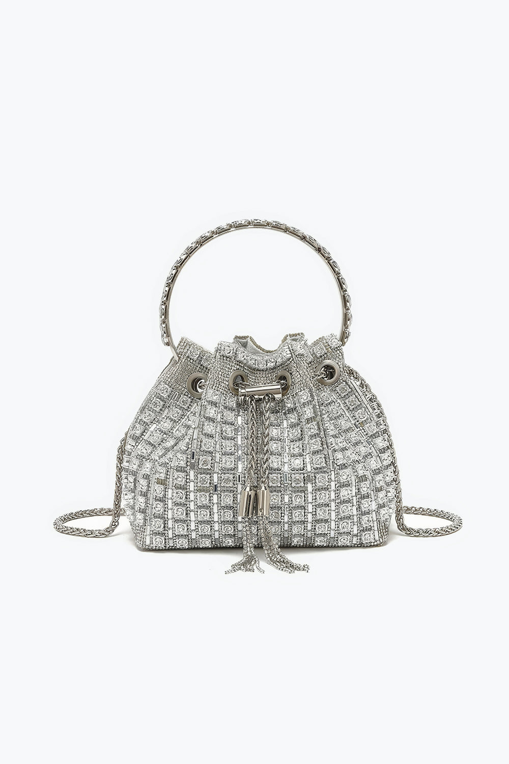 Top Handle Drawstring Mini Bag with Crystal Mesh and Chain Strap
