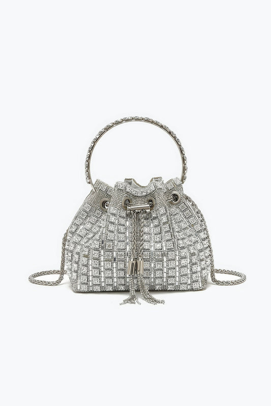 Top Handle Drawstring Mini Bag with Crystal Mesh and Chain Strap