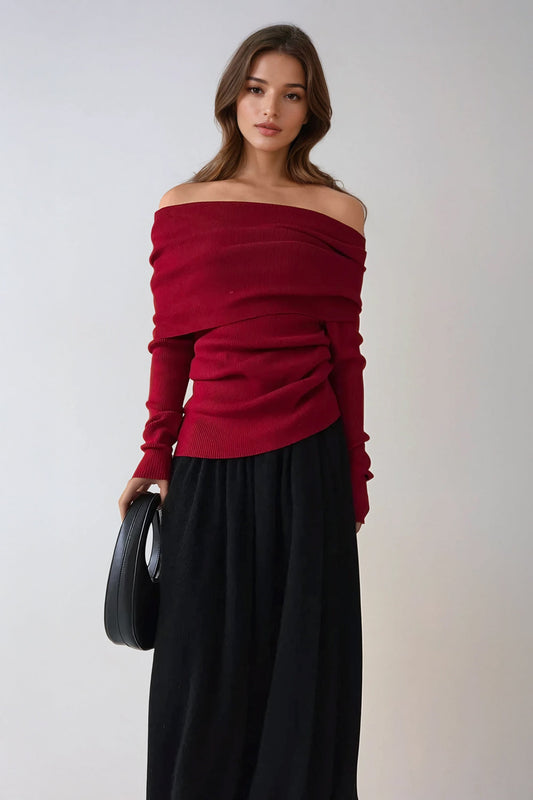 Off-Shoulder Ribbed Knit Top - Red