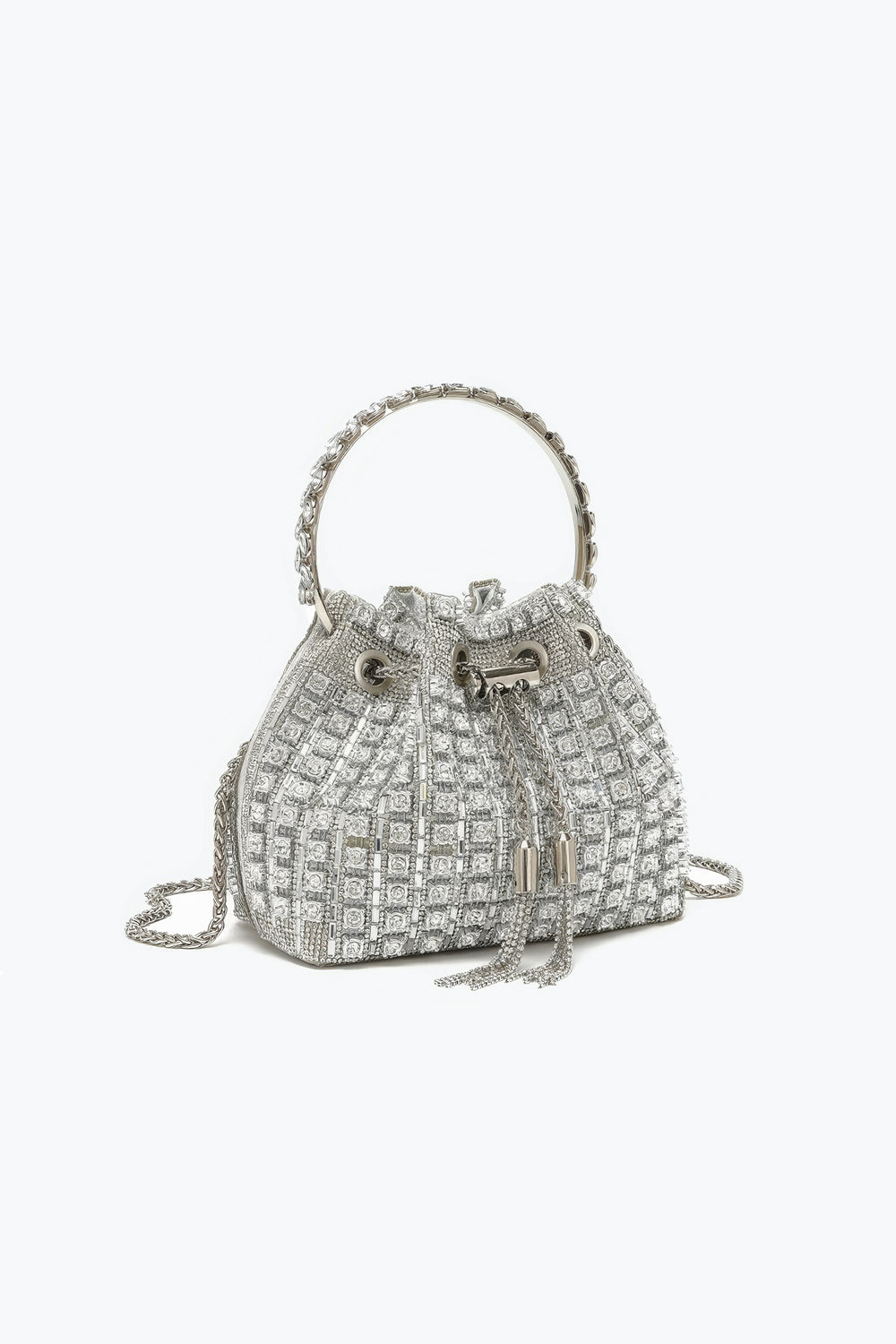 Top Handle Drawstring Mini Bag with Crystal Mesh and Chain Strap