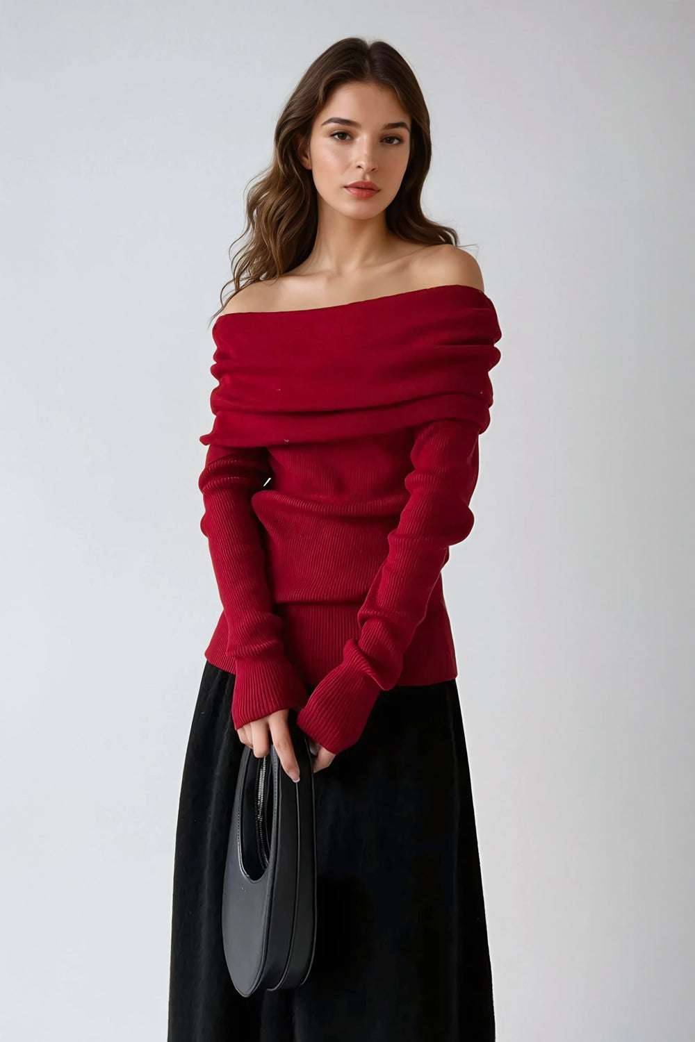 Off-Shoulder Ribbed Knit Top - Red