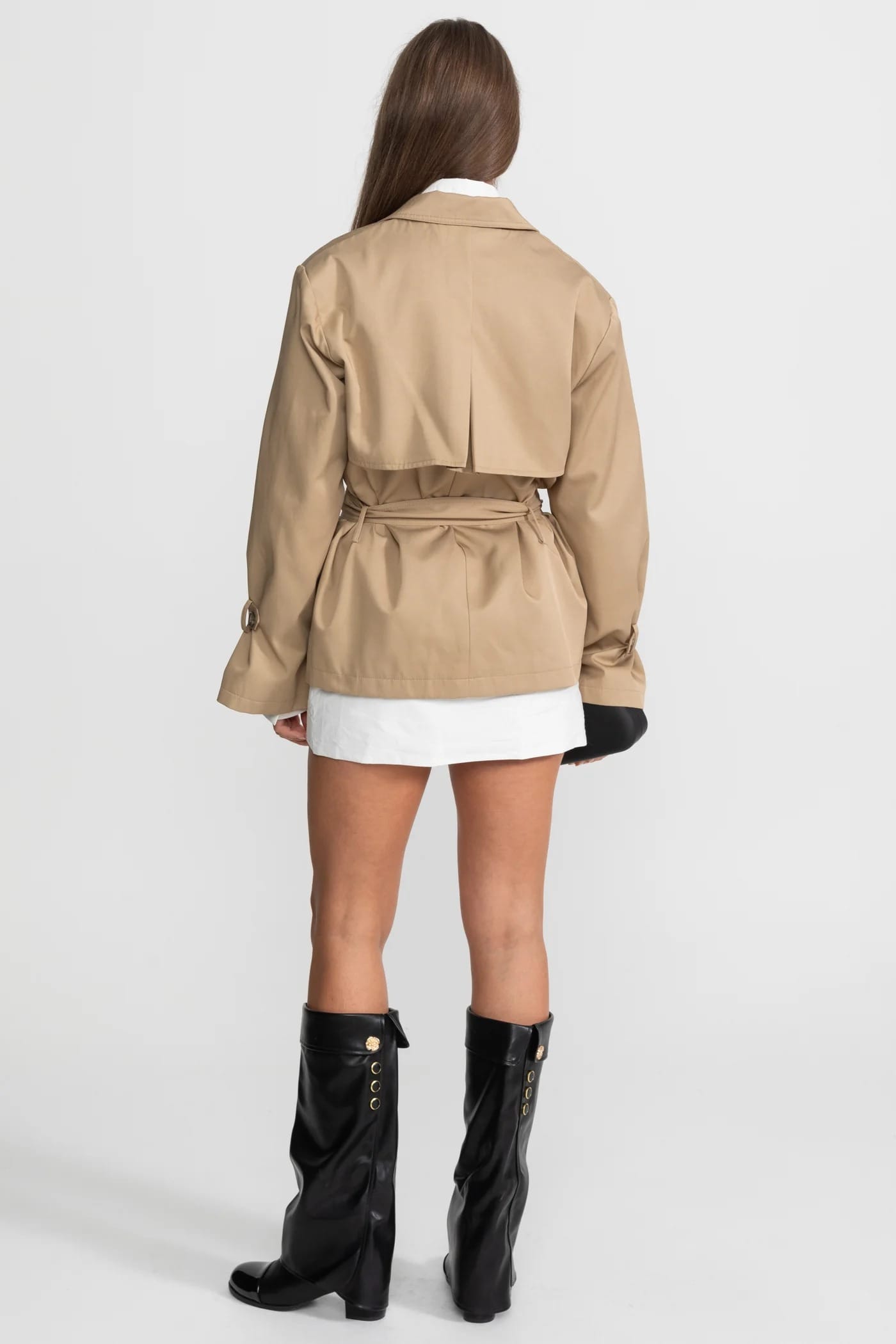 Short Double-Breasted Trench Coat with Belt Detail - Khaki