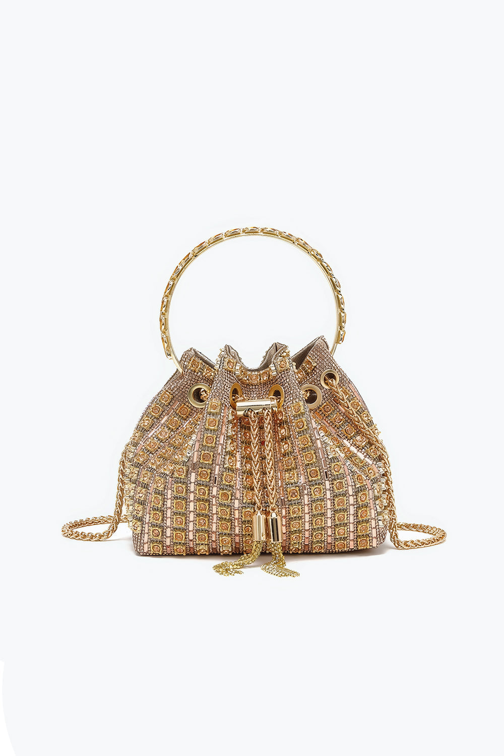 Top Handle Drawstring Mini Bag with Crystal Mesh and Chain Strap