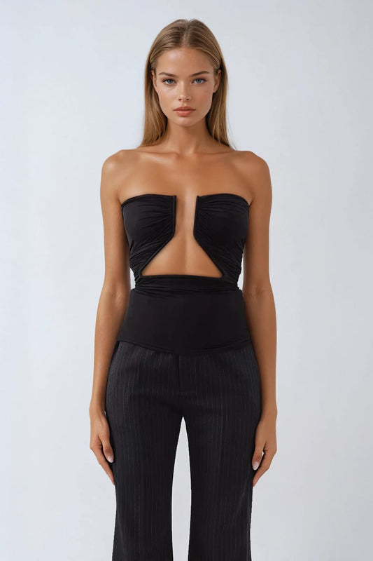 Strapless Cut Out Detail Ruched Top - Black