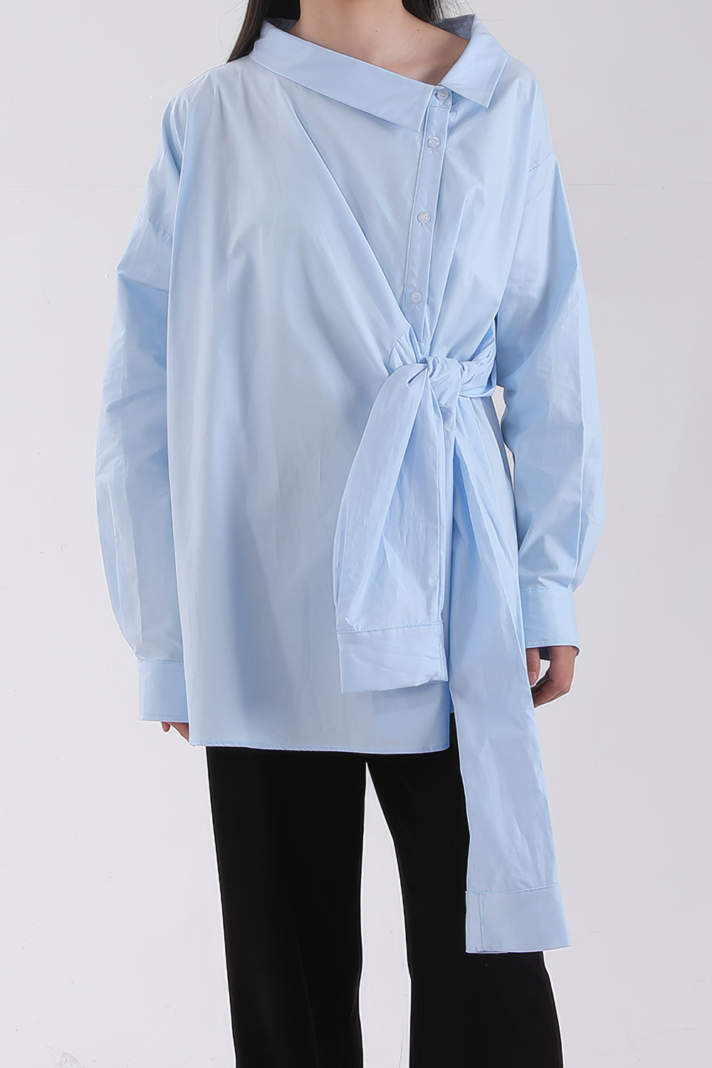 Asymmetric Wrap Shirt with Tie Detail