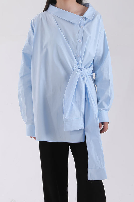 Asymmetric Wrap Shirt with Tie Detail