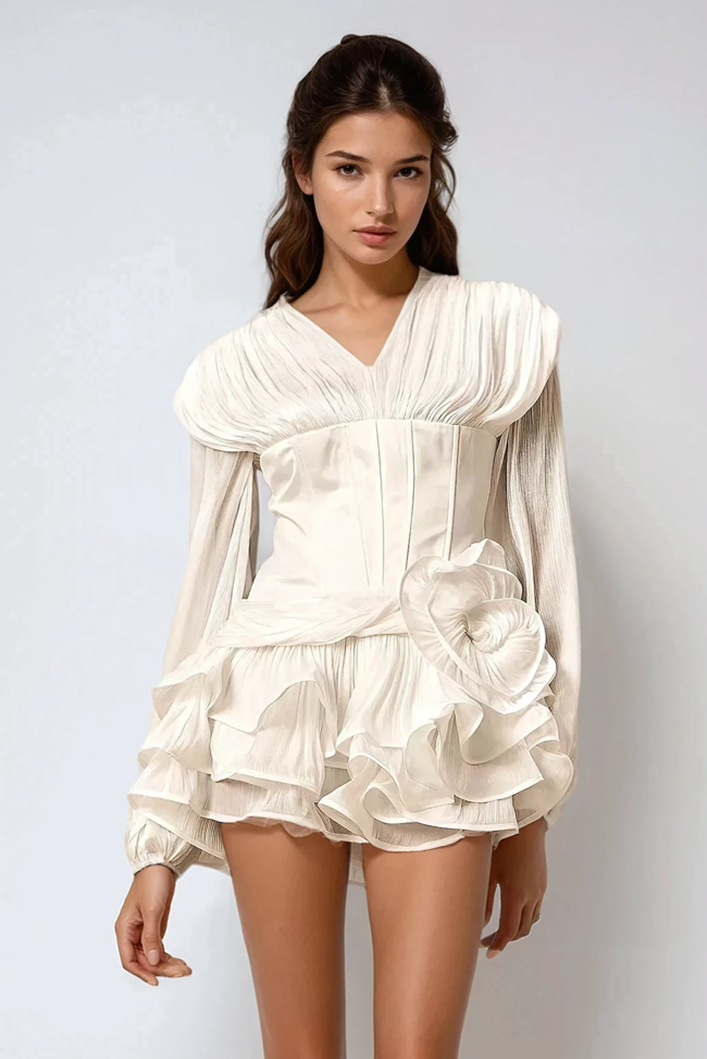 Pleated Long Sleeve Mini Dress - White