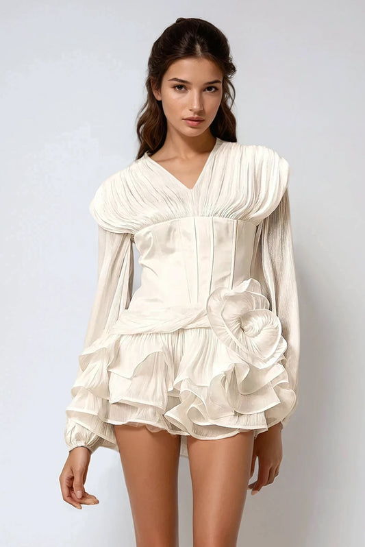 Pleated Long Sleeve Mini Dress - White