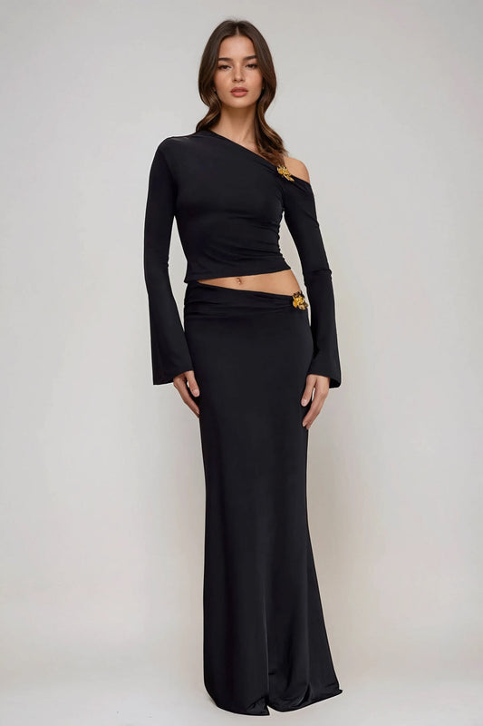 Two-Piece Set with One-Shoulder Long Sleeve Top and Maxi Skirt - Black