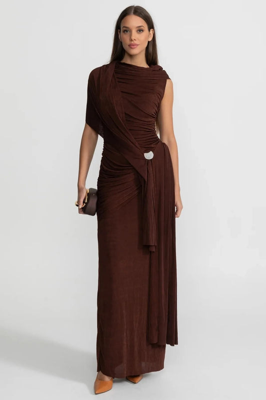 Asymmetrical Draped Maxi Dress - Brown
