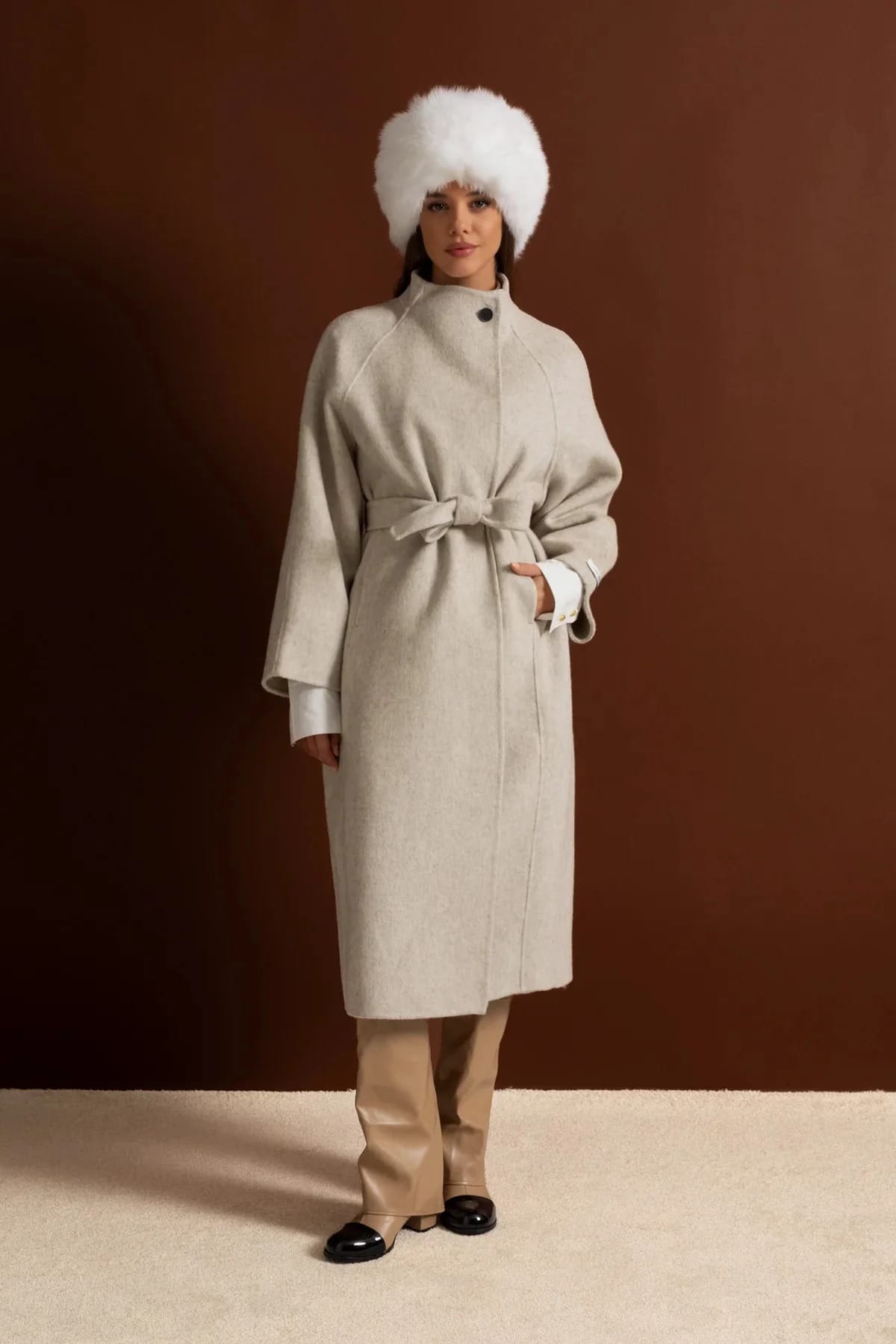 Belted Wrap Long Coat with Wide Lapels - White