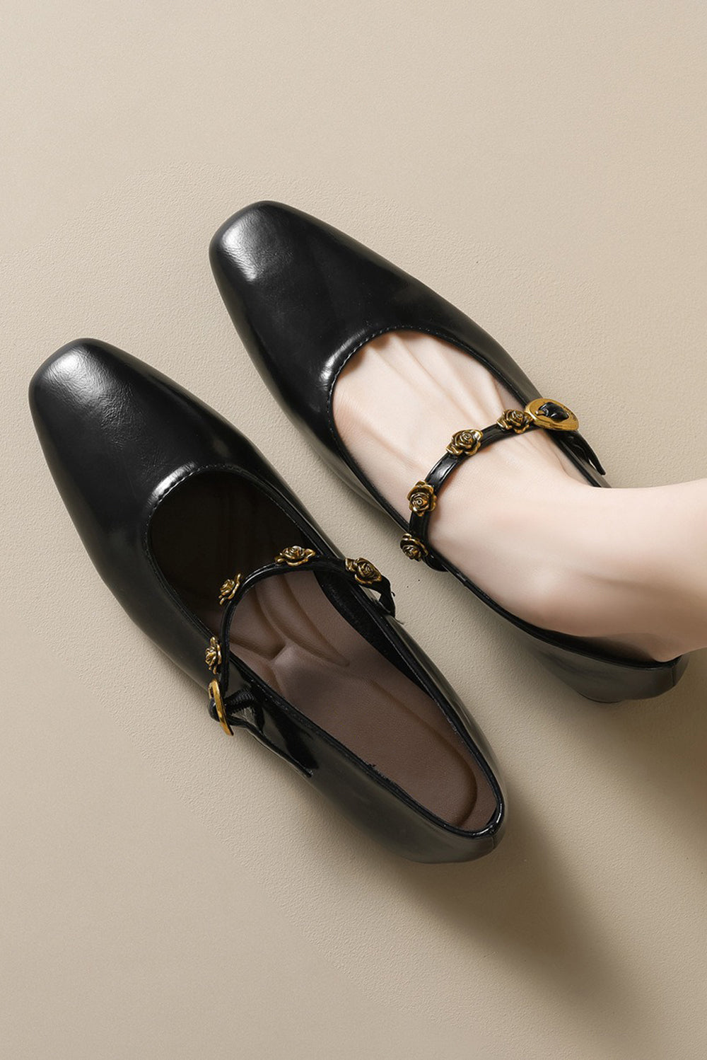 Square Toe Flats with Decorative Strap - Black