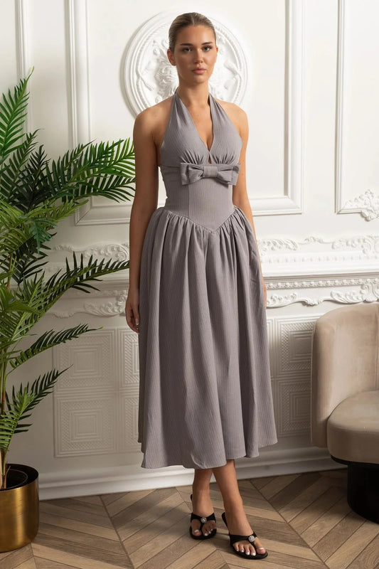 Halter Neck Midi Dress With Bow Front - Gray