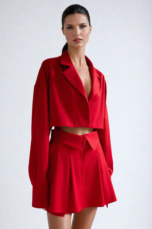 Two-Piece Set with Cropped Collared Blazer and Pleated Mini Skirt - Red