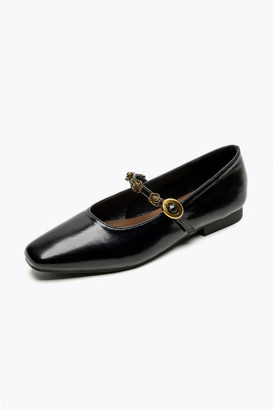 Square Toe Flats with Decorative Strap - Black