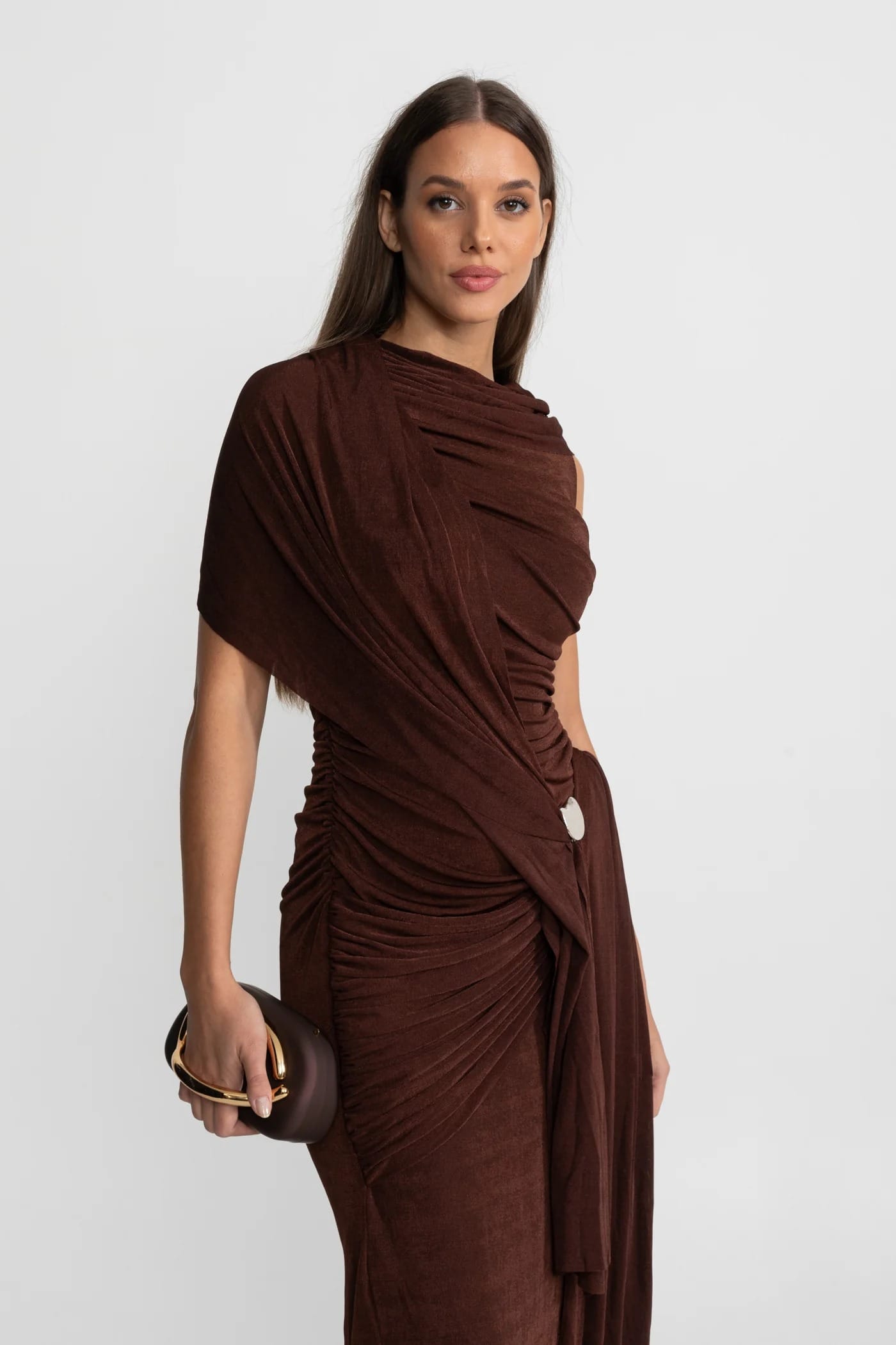 Asymmetrical Draped Maxi Dress - Brown