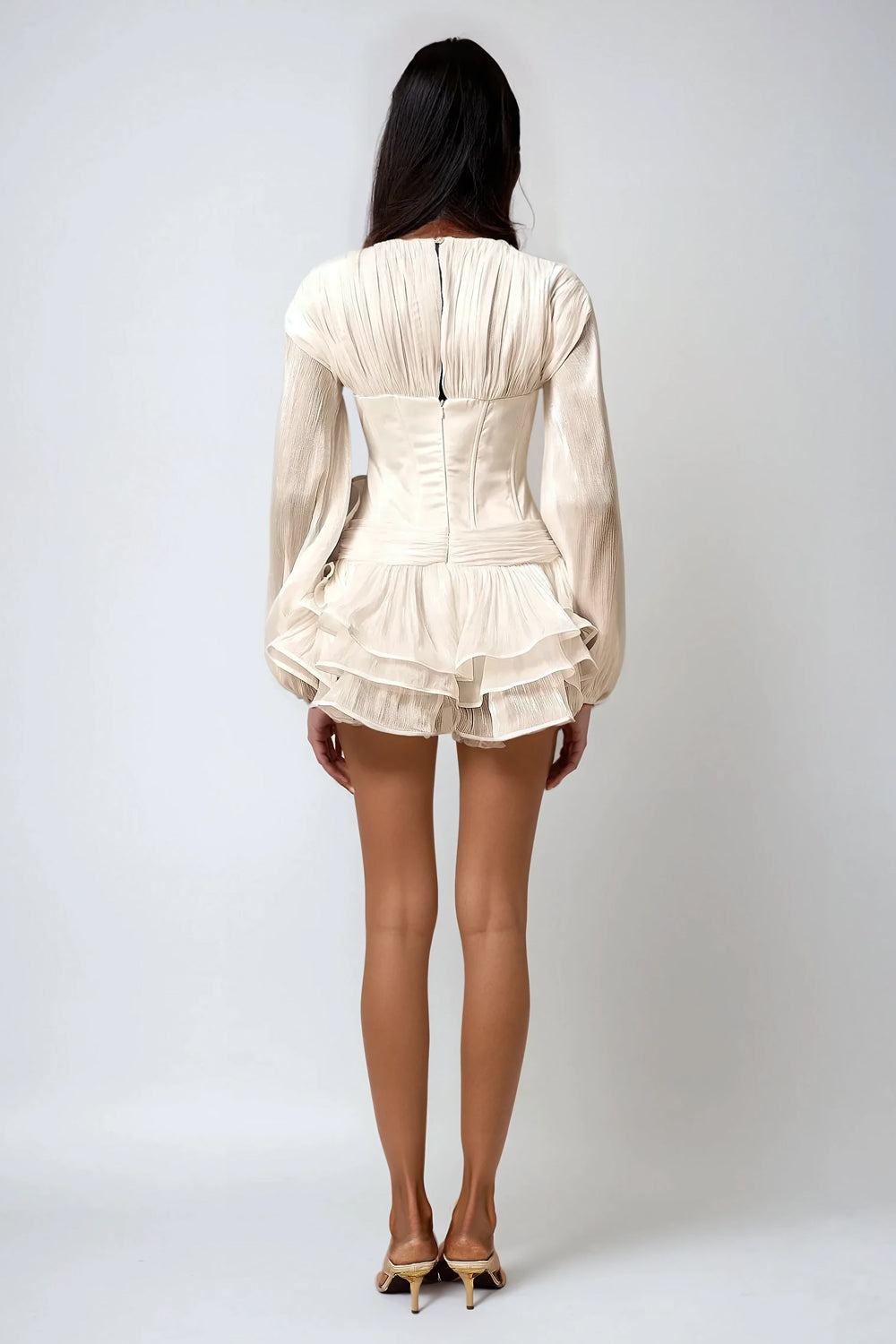 Pleated Long Sleeve Mini Dress - White