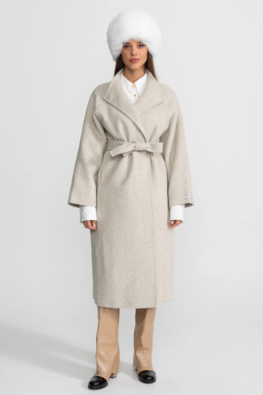 Belted Wrap Long Coat with Wide Lapels - White