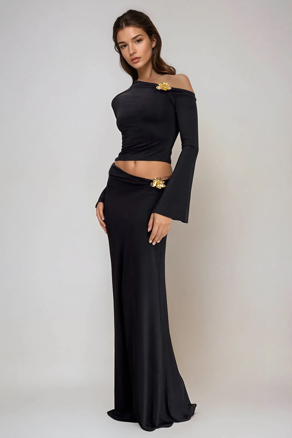 Two-Piece Set with One-Shoulder Long Sleeve Top and Maxi Skirt - Black