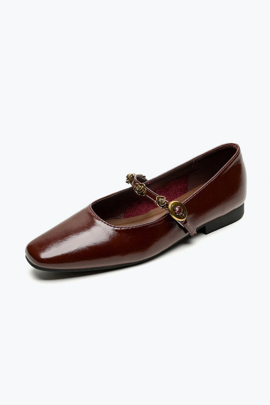 Square Toe Flats with Decorative Strap - Maroon