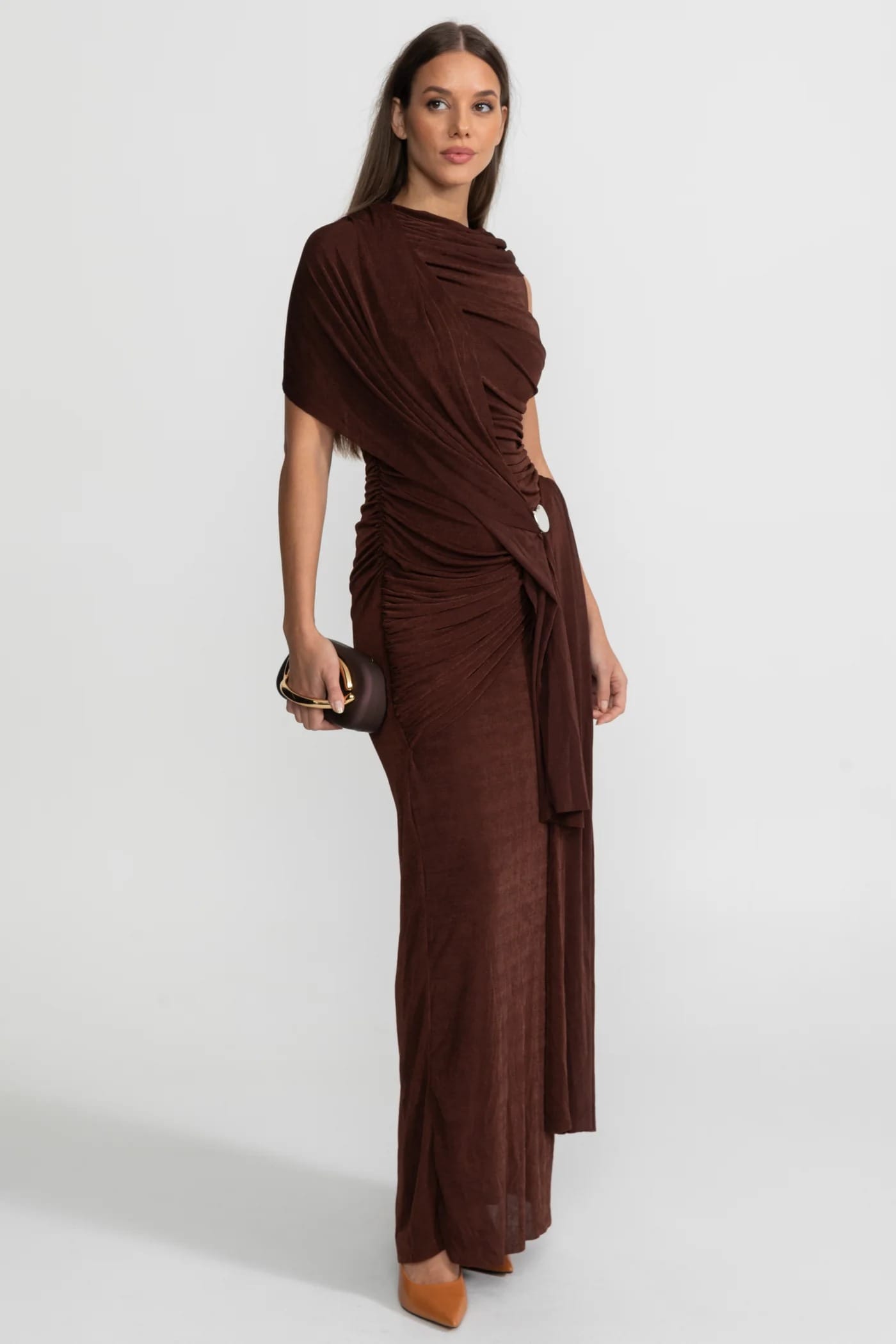Asymmetrical Draped Maxi Dress - Brown