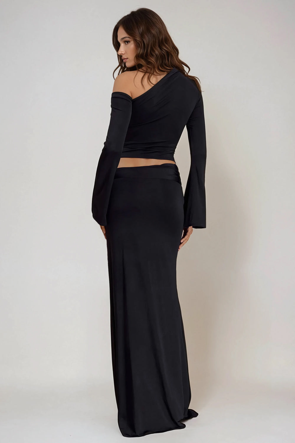 Two-Piece Set with One-Shoulder Long Sleeve Top and Maxi Skirt - Black