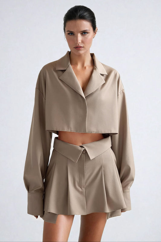 Two-Piece Set with Cropped Collared Blazer and Pleated Mini Skirt - Brown